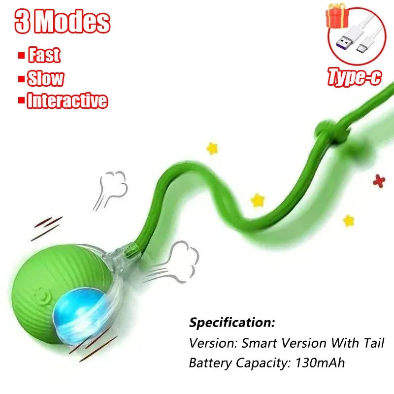 Rechargeable interactive cat ball with tail by FanzyMarket, rolling toy that mimics a mouse for engaging feline play.