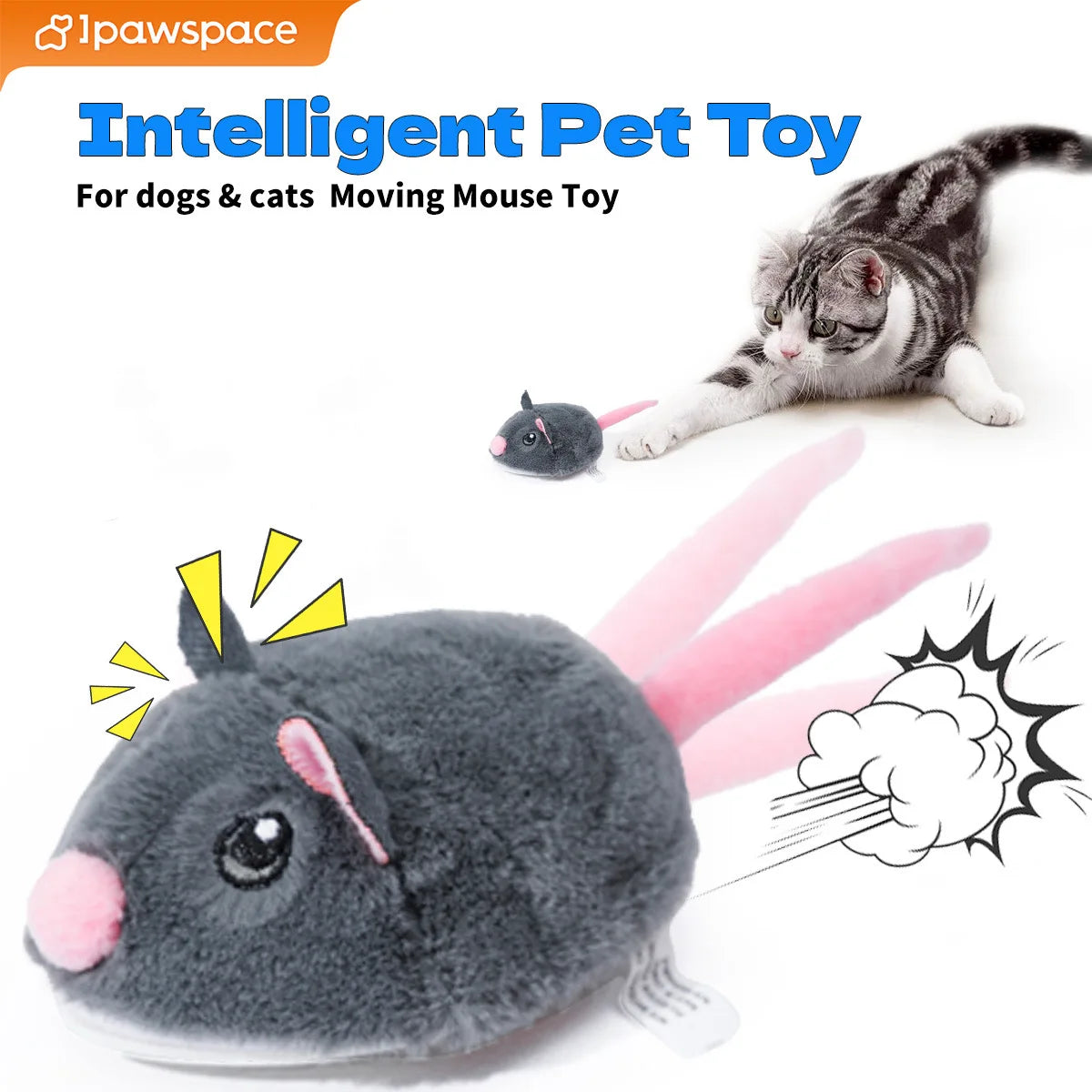 FanzyMarket motorized plush mouse cat toy, fast-moving electronic pet toy for cats, grey plush design, interactive and fun.