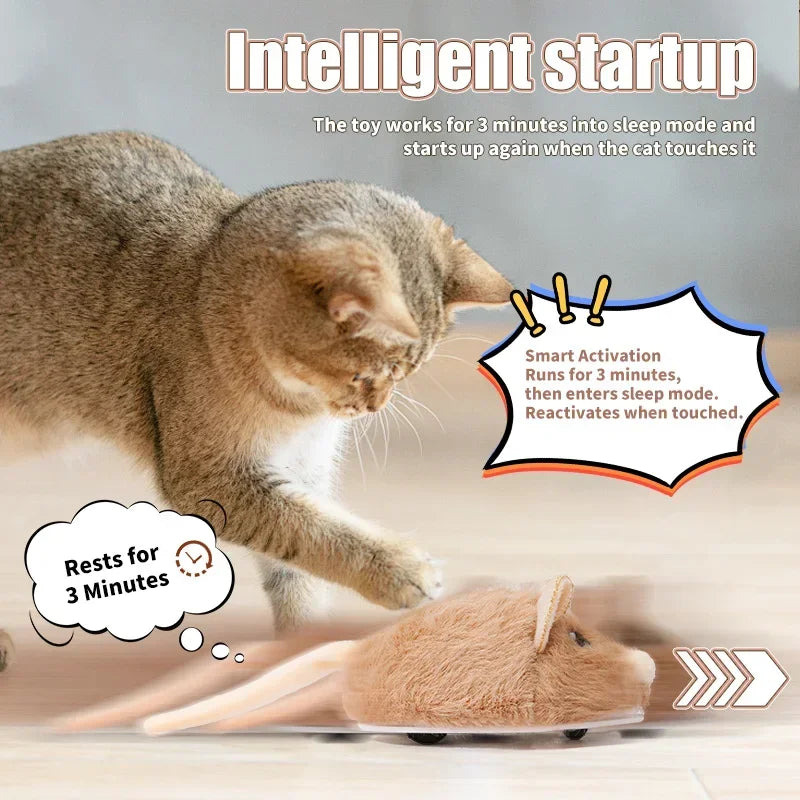 FanzyMarket motorized plush mouse cat toy, interactive electronic pet toy with fast-moving movement for cats, grey plush design.