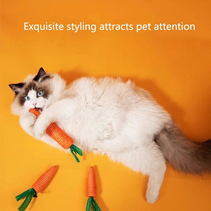 FanzyMarket squeaky carrot cat toy, bite-resistant teething stick for kittens, designed for interactive self-play and entertainment.