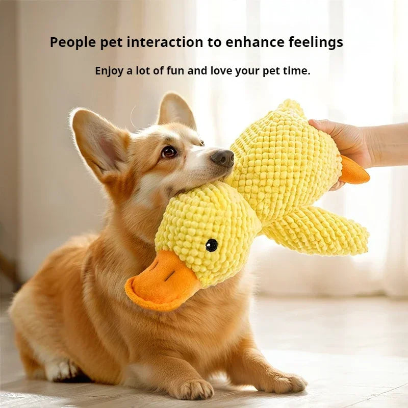 FanzyMarket plush duck dog toy with squeaker, bite-resistant material, designed for chewing, teeth relief, and playful exercise.