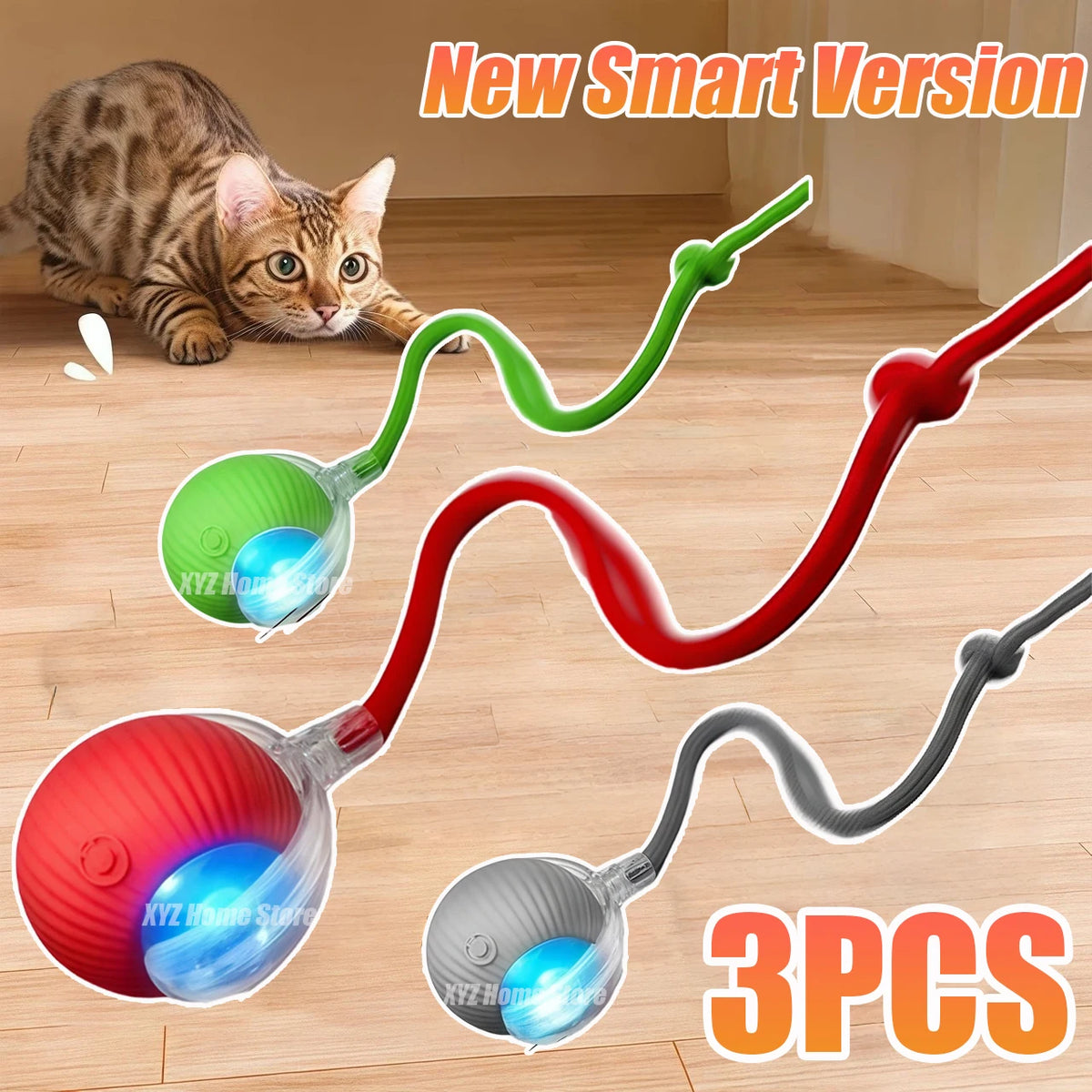 FanzyMarket interactive automatic rolling ball toy for cats and dogs, rechargeable smart pet toy with faux tail in green.