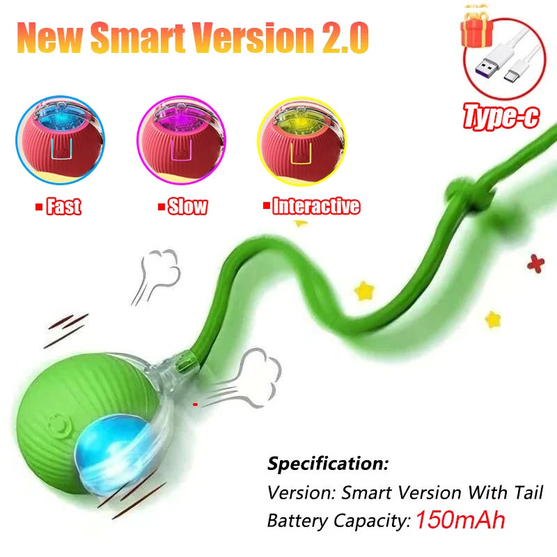 FanzyMarket interactive automatic rolling ball toy for cats and dogs with faux tail, rechargeable smart pet toy in green.