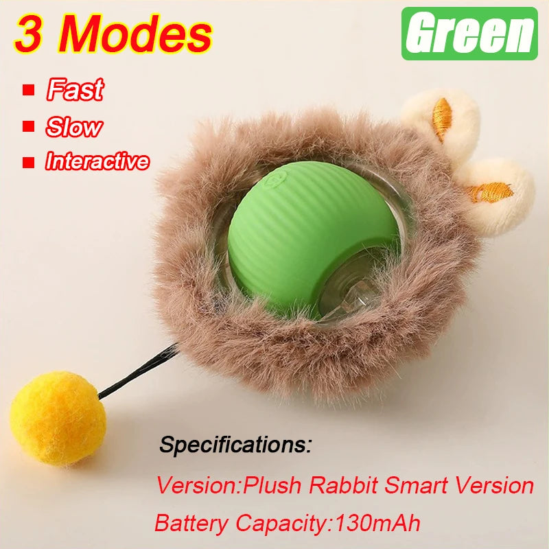 FanzyMarket interactive automatic rolling ball toy for cats and dogs with faux tail, rechargeable smart pet toy in green.