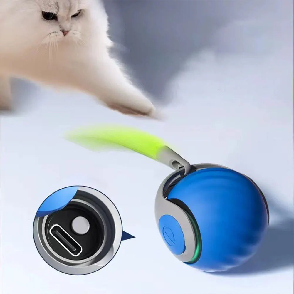 FanzyMarket USB rechargeable interactive cat toy ball with moving tail, dual-speed, orange color, designed for indoor cats.