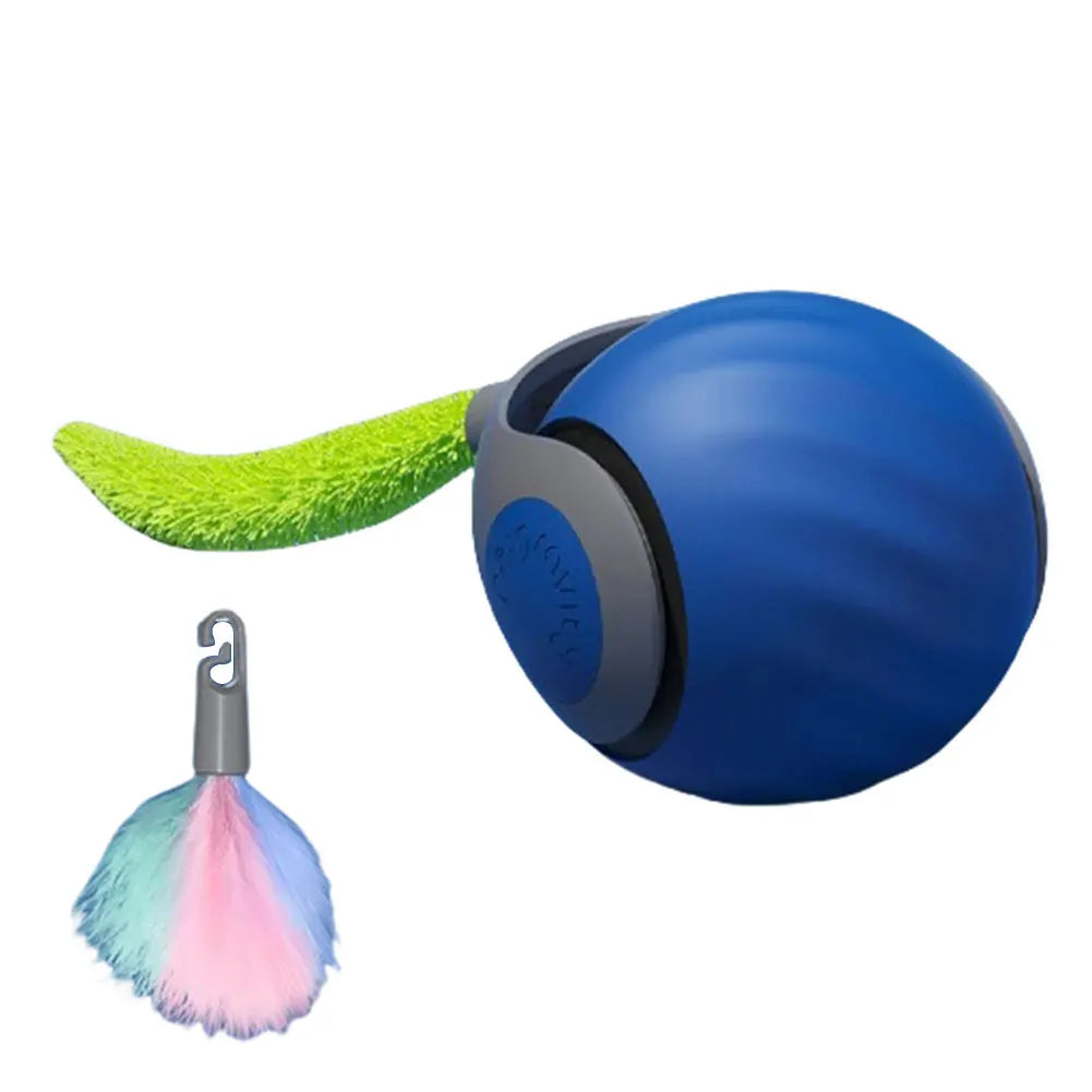 FanzyMarket USB rechargeable interactive cat toy ball with replaceable tail, automatic movement, dual speed, for indoor cats.