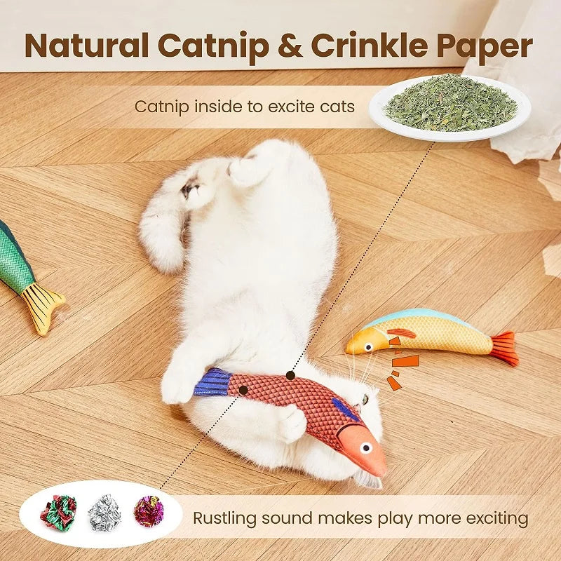 Orange plush 3D goldfish catnip toy with crinkle sound for cats and kittens, designed by FanzyMarket for pet play and entertainment.