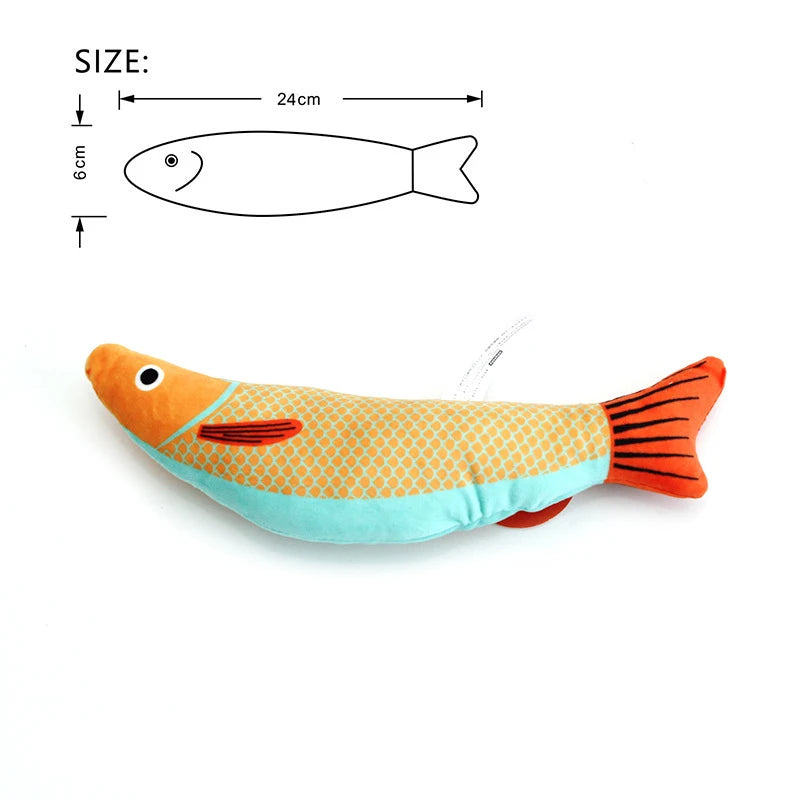 Orange plush fish toy for cats with crinkle sound, 3D goldfish design and catnip inside, by FanzyMarket.
