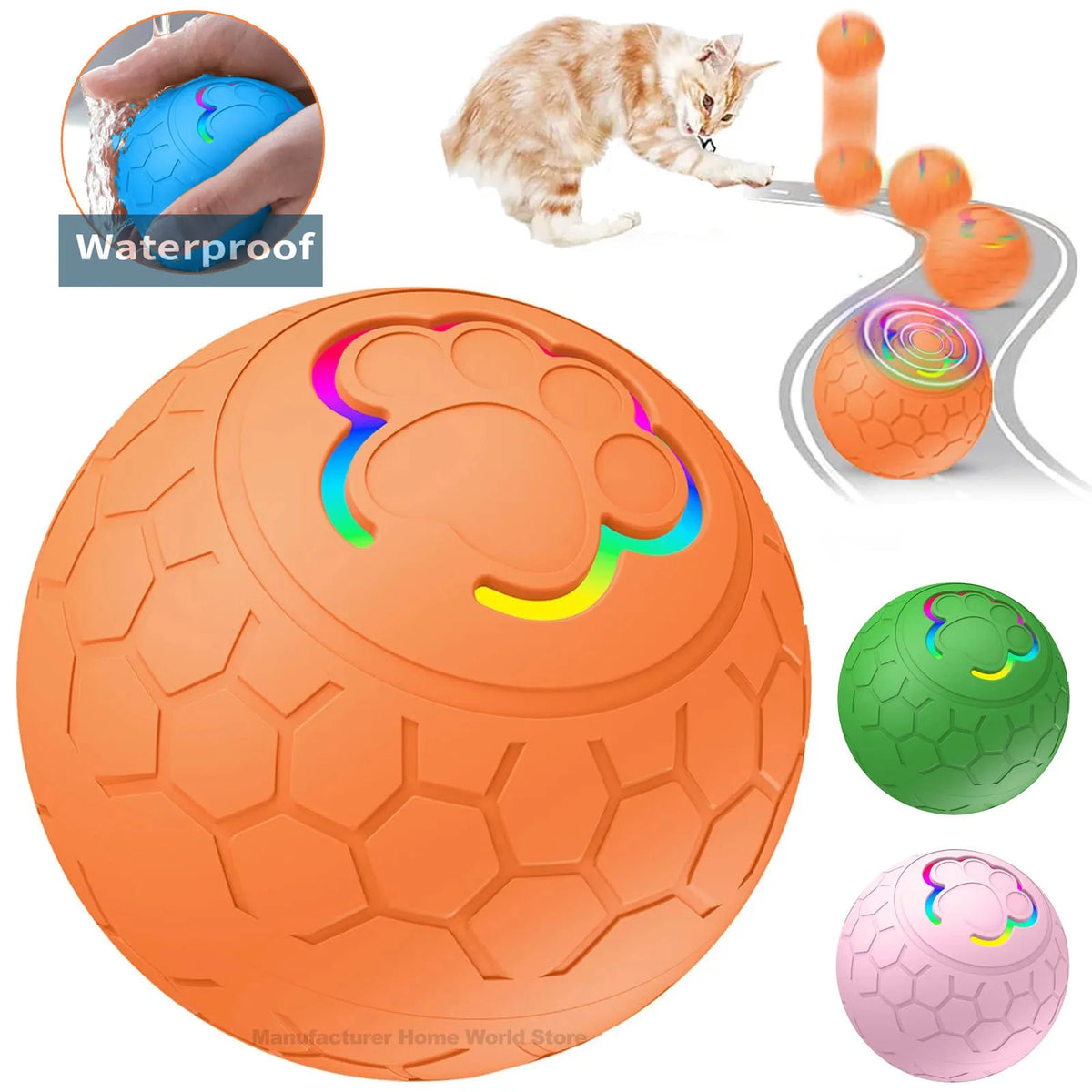 Pink interactive USB rechargeable dog and cat toy ball with bouncing, rolling LED light, waterproof design for pet play and entertainment.