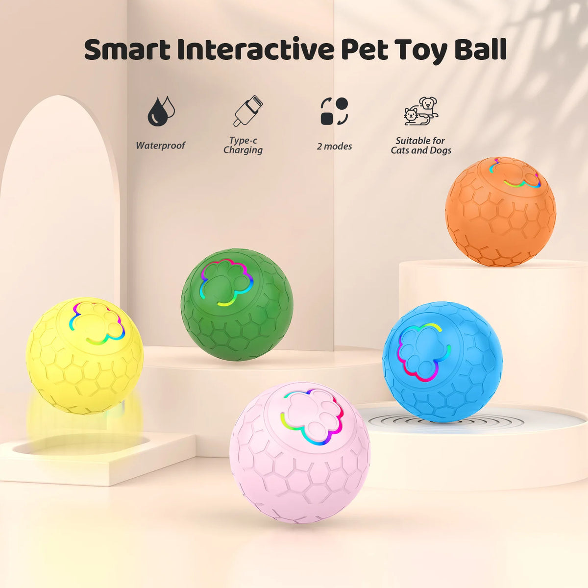 Pink interactive USB rechargeable dog and cat toy ball with automatic bouncing, rolling LED light, waterproof design by FanzyMarket.