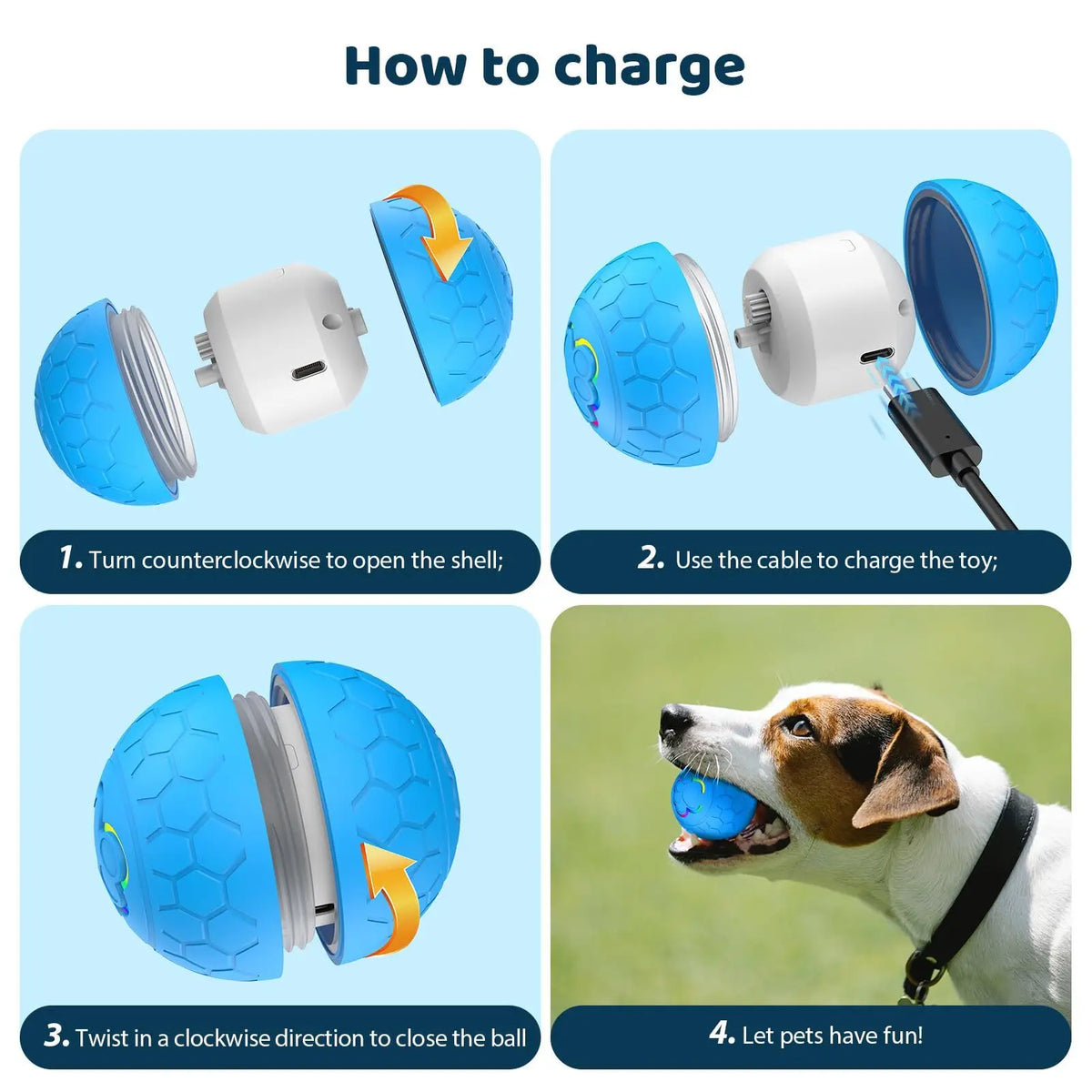 Pink interactive USB rechargeable dog and cat toy ball with LED light, bouncing, rolling, waterproof, ideal for pets.