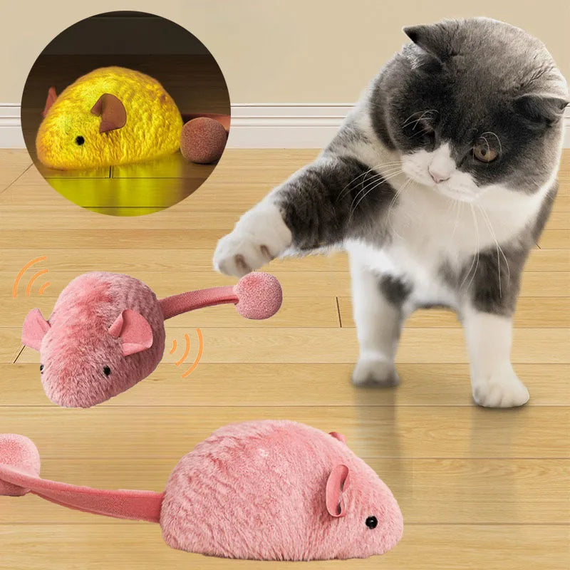 FanzyMarket interactive plush cat mouse toy with luminous squeaker, auto-moving design for indoor kitten play.