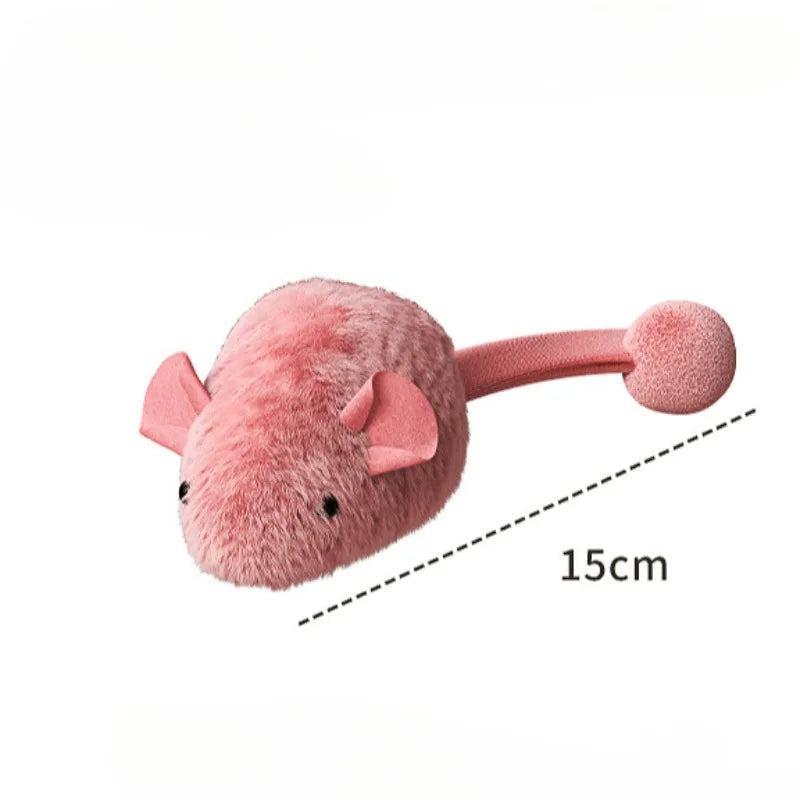 FanzyMarket interactive plush cat mouse toy with luminous squeaker, auto-moving for indoor kitten play, pink color, soft plush material.
