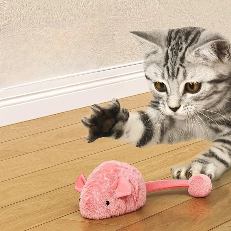FanzyMarket interactive plush cat mouse toy with luminous squeaker, auto-moving for indoor kitten play, soft pink plush pet toy