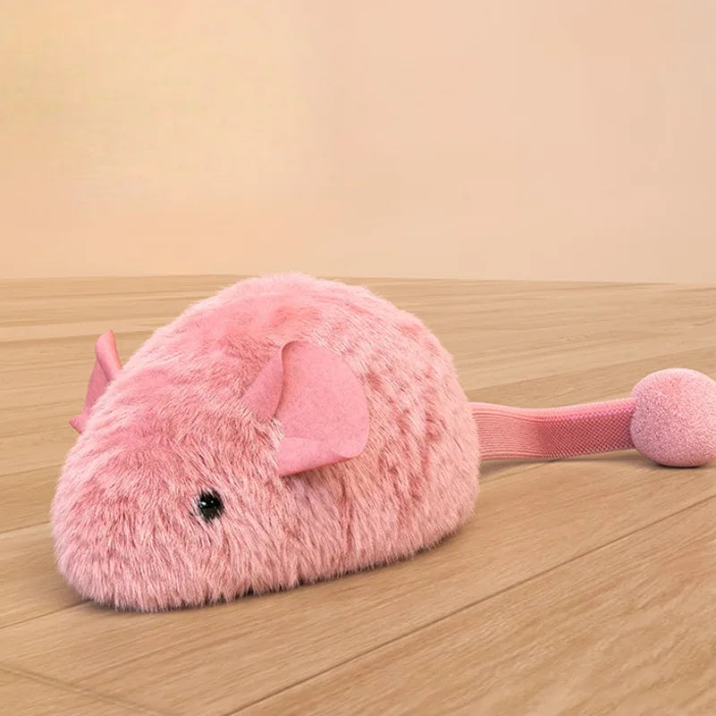 Pink plush interactive cat mouse toy by FanzyMarket with luminous squeaker and auto-moving feature for indoor kitten play.
