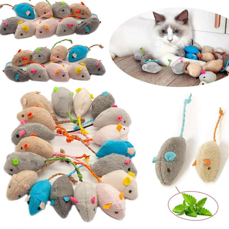 FanzyMarket catnip mice toy set featuring faux fur, prefilled with catnip, perfect for indoor cats in 3-piece or 200-piece packs.