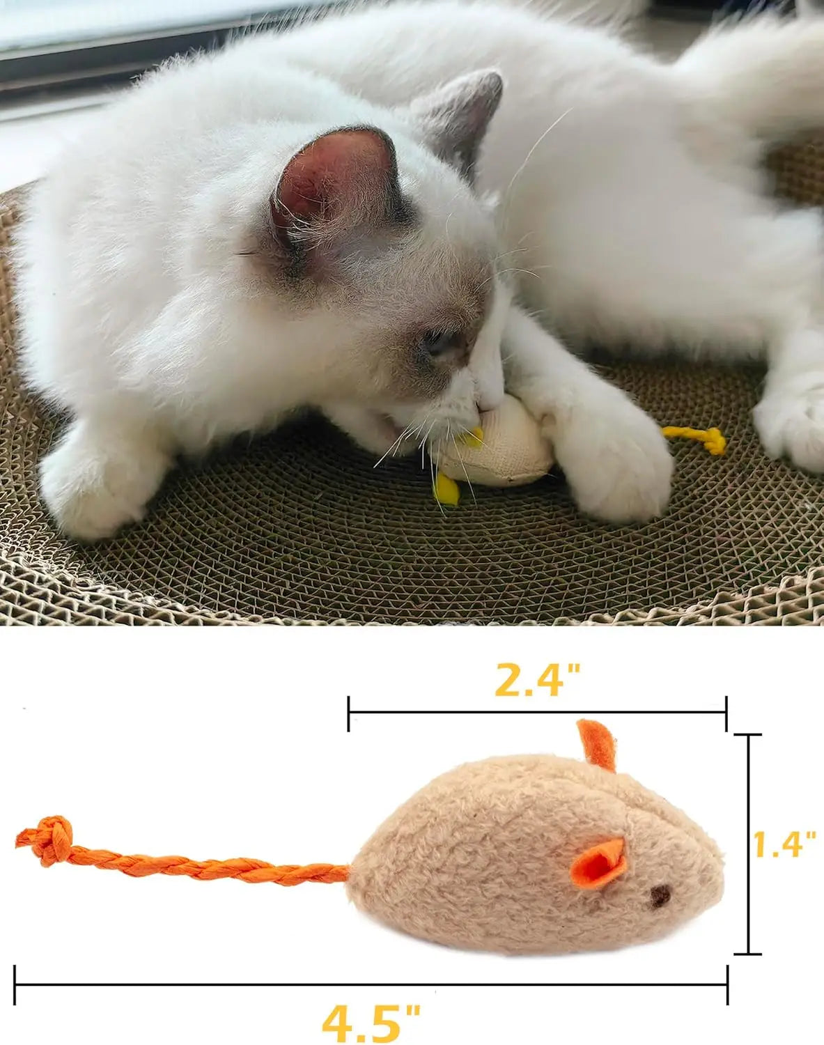 Set of FanzyMarket rattle catnip mice toys with soft faux fur, prefilled with catnip, for indoor cats, available in 3 or 200-piece packs.