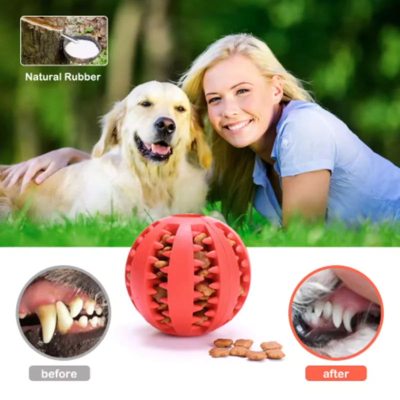 Red interactive rubber dog and cat toy ball from FanzyMarket, featuring treat feeder and tooth-cleaning silicone design.