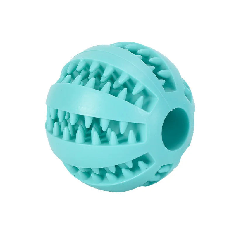 Red FanzyMarket rubber dog and cat toy ball with treat feeder, chew design, and silicone surface for cleaning teeth.