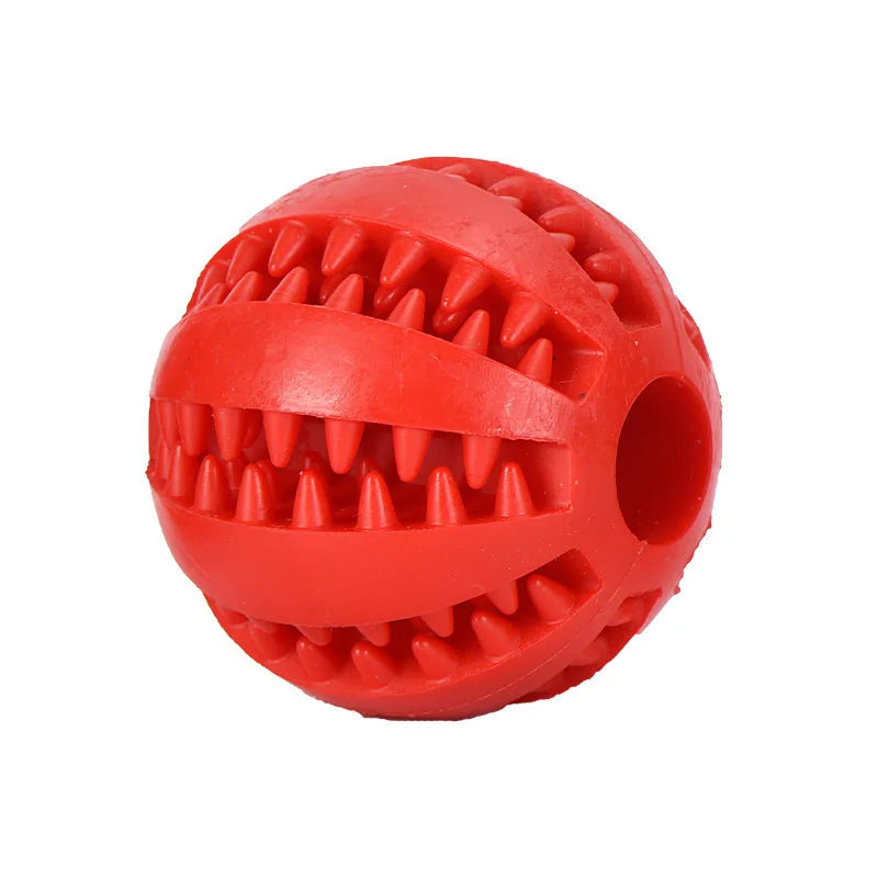 Red interactive rubber dog and cat toy ball with treat feeder and teeth-cleaning silicone design, suitable for pets to chew and play.