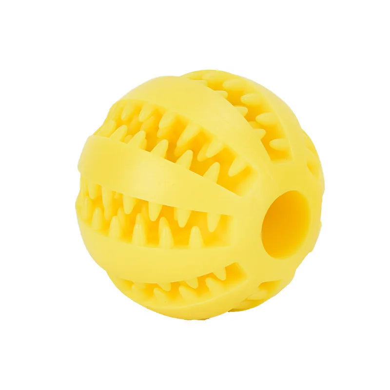 Red FanzyMarket rubber dog and cat toy ball, interactive chew toy with treat feeder and silicone surface for dental cleaning.