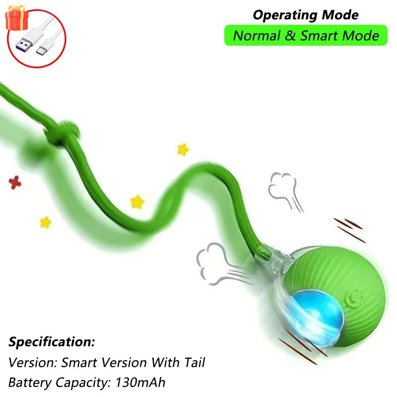 FanzyMarket rechargeable interactive cat ball toy with LED, tail, and obstacle avoidance features, designed for playful feline entertainment.