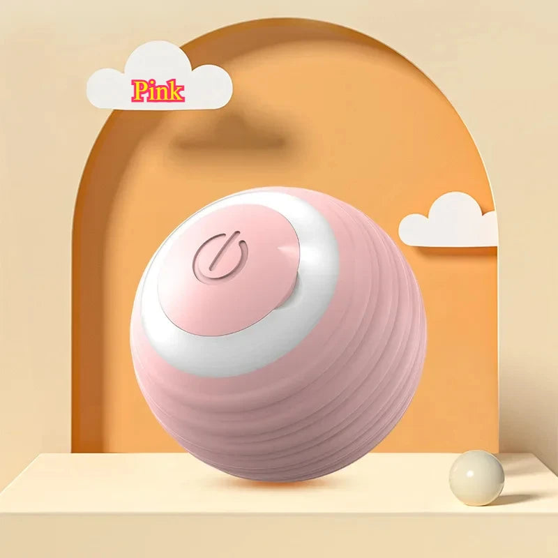Red plush interactive rechargeable rolling cat ball with faux tail, designed for cats and small dogs, by FanzyMarket.