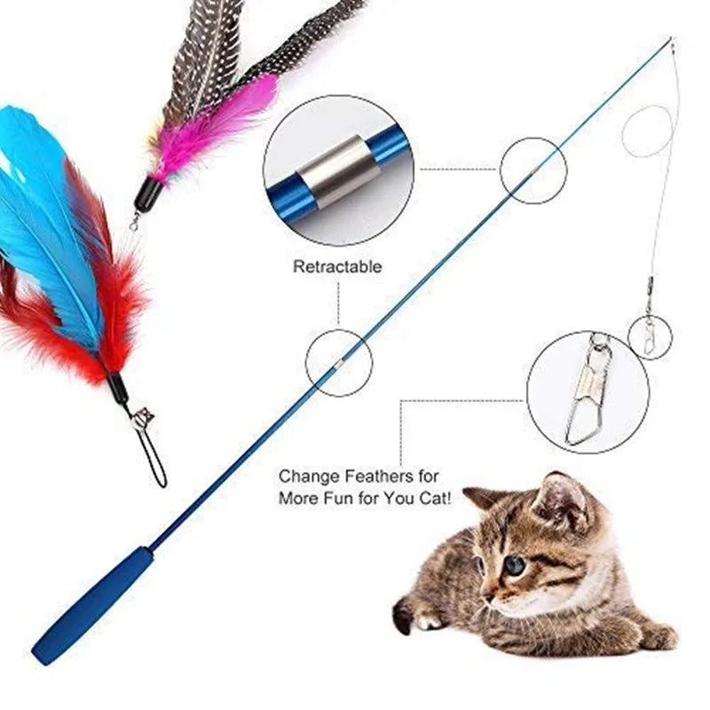 FanzyMarket interactive cat feather teaser wand with retractable 15-38 inch length, 5 refill heads, and a bell for playful cats.