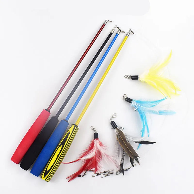 FanzyMarket interactive cat feather teaser wand with retractable 15-38 inch length, 5 refill heads, and a bell for play and stimulation.