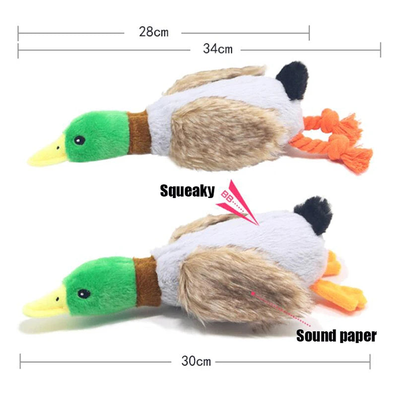 FanzyMarket plush duck squeaky dog toy with chew rope, bite-resistant design, ideal for dental cleaning and playful chewing.