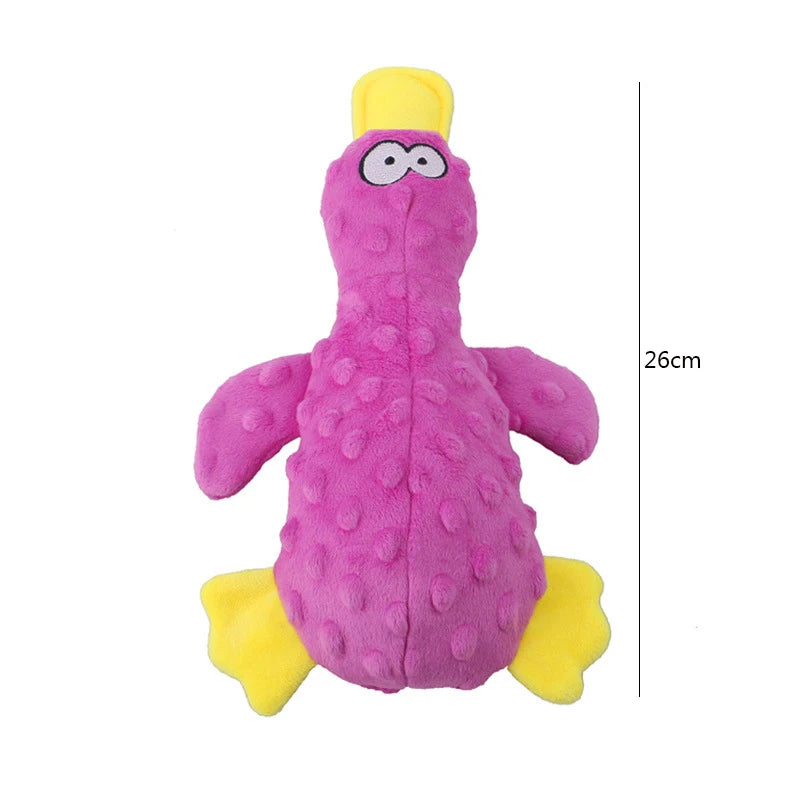 FanzyMarket plush duck squeaky dog toy with chew rope, bite-resistant design for dental cleaning and play for dogs.