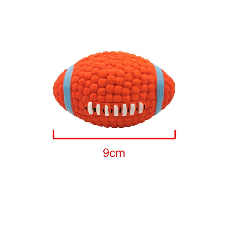 FanzyMarket dog squeaky latex ball chew toy in rugby, tennis, volleyball, football, and basketball shapes for dental cleaning and play