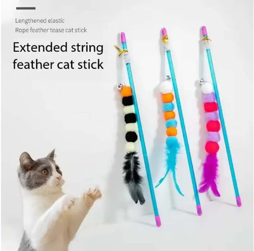 FanzyMarket interactive cat teaser wand with feather and bell, designed for kittens and cats to promote play and exercise.