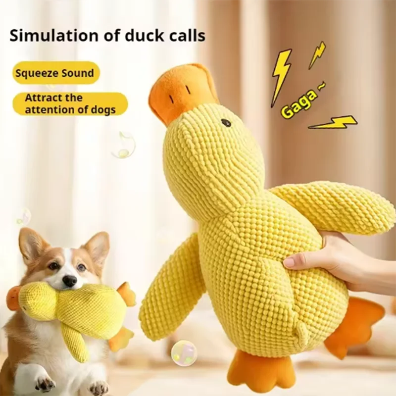 FanzyMarket plush duck dog toy with squeaker, soft and durable for puppies, calming chew toy for teeth cleaning and play.