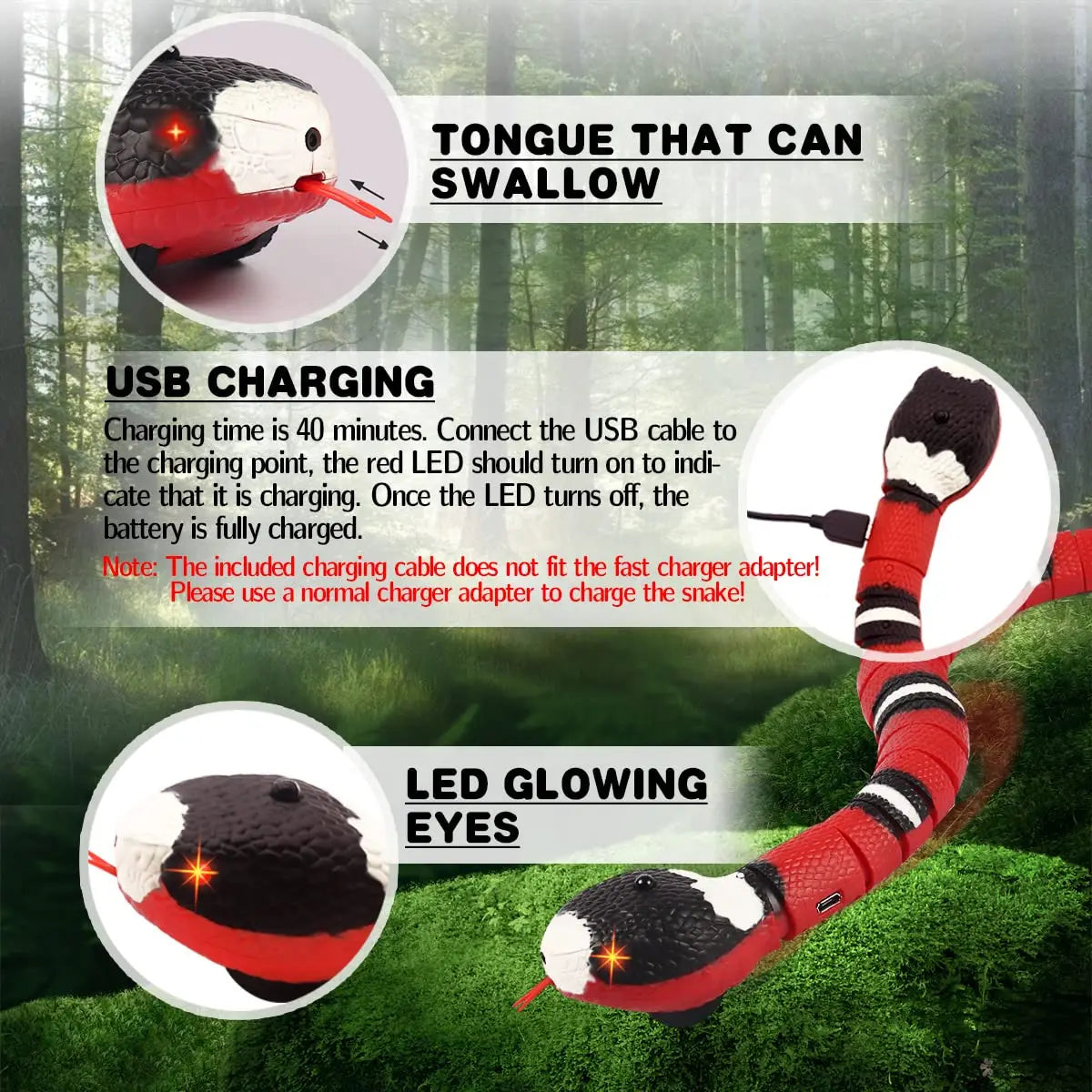 FanzyMarket USB rechargeable interactive snake toy for cats and small dogs with smart sensing and electronic movement.