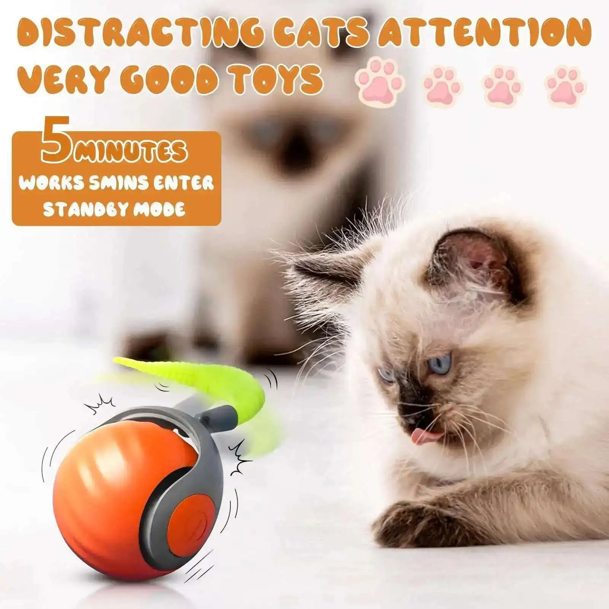 Pink interactive rolling cat toy with tail, USB rechargeable smart ball, dual-speed automatic play for cats by FanzyMarket.