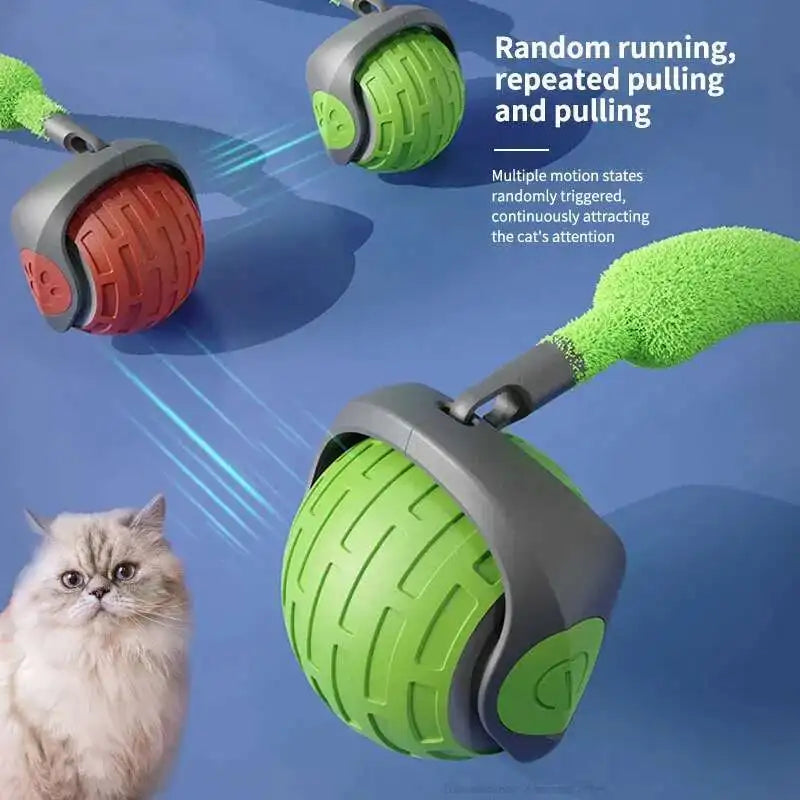Pink FanzyMarket interactive rolling cat toy with tail, USB rechargeable smart ball, dual-speed automatic play for cats.