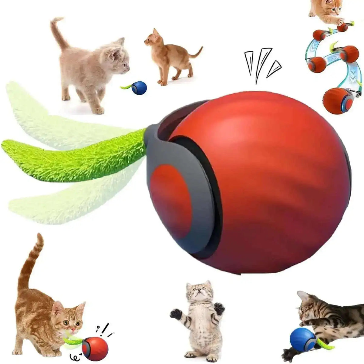 Pink interactive rolling cat toy with tail, USB rechargeable smart ball, dual-speed automatic play, by FanzyMarket pet supplies.