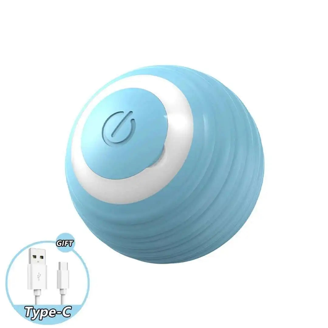 Pink FanzyMarket interactive rolling cat toy with tail, USB rechargeable smart ball, dual-speed automatic play for cats.