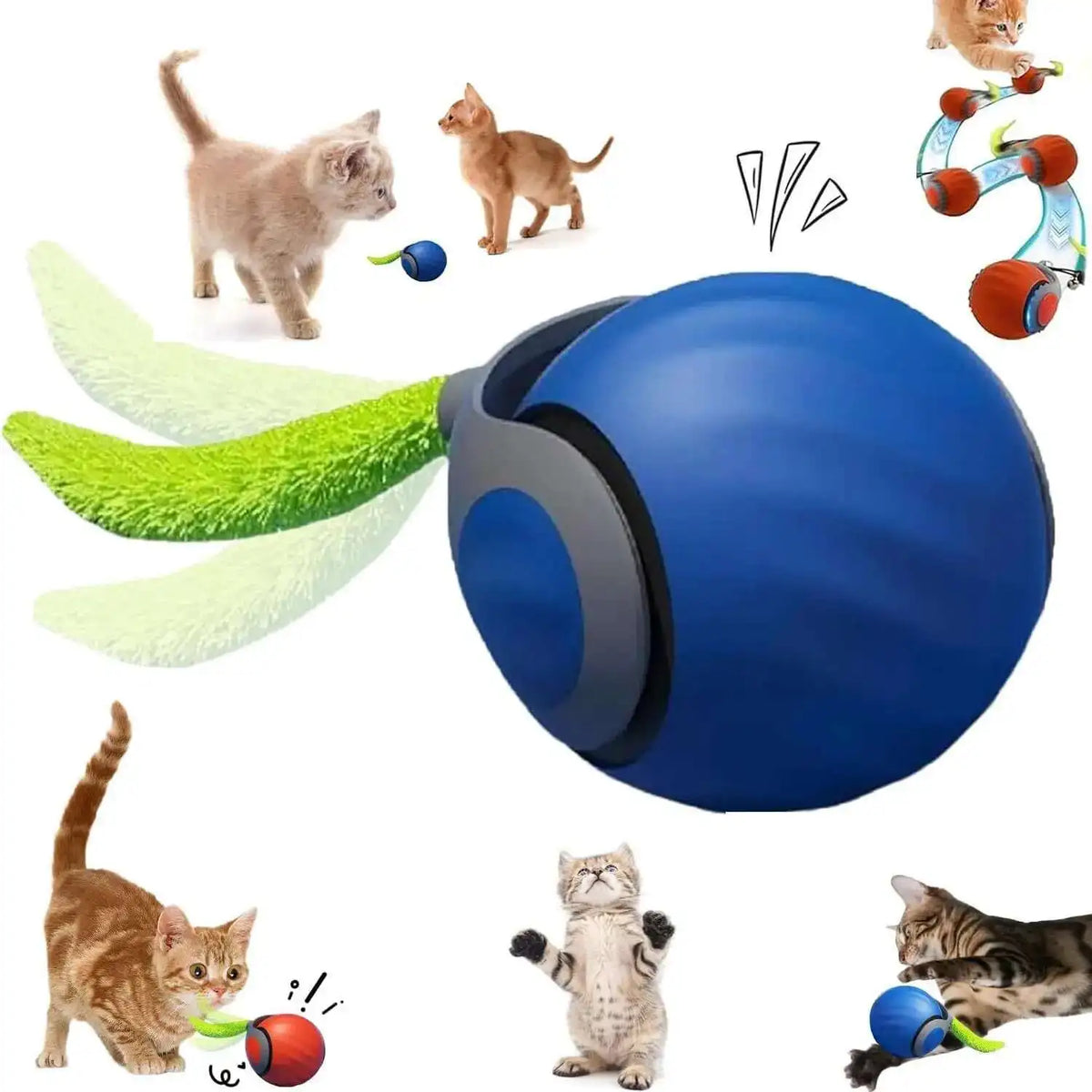Pink interactive rolling cat toy with tail, USB rechargeable smart ball, dual-speed automatic play for cats from FanzyMarket.