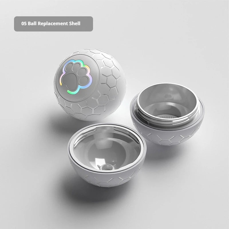 FanzyMarket rechargeable pet toy ball with RGB LED lights, bouncing and rolling for dogs and cats, made of durable grey material.
