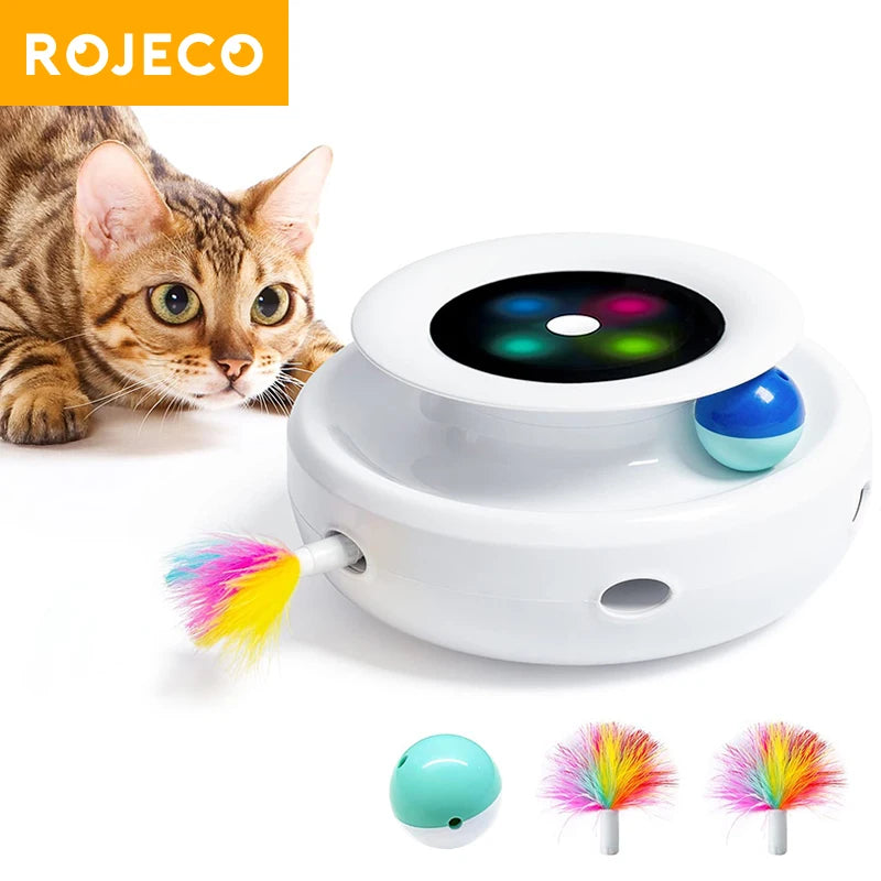 FanzyMarket 2-in-1 automatic feather and ball interactive pet toy for cats and dogs with 5 electronic modes.