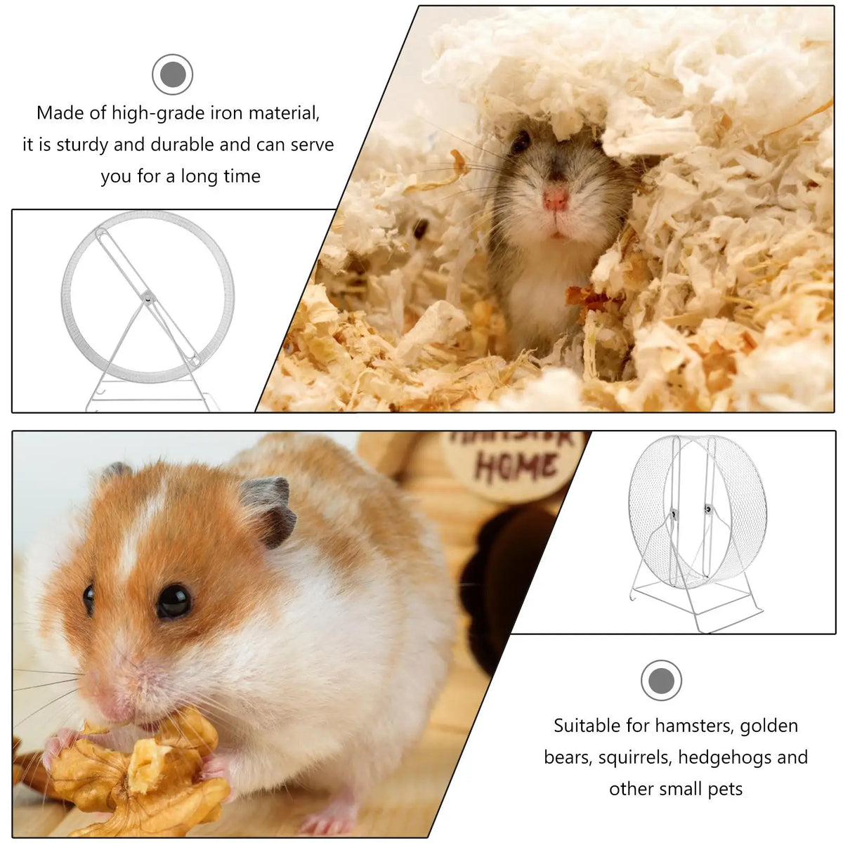 FanzyMarket silent iron hamster exercise wheel with stand, small pet running wheel, designed for quiet, safe pet exercise.