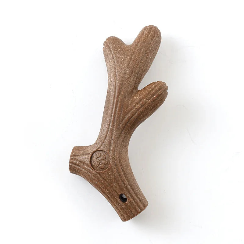 FanzyMarket dog dental chew toy in yellow bamboo shape for teeth cleaning, breath freshening, and durable chew training.