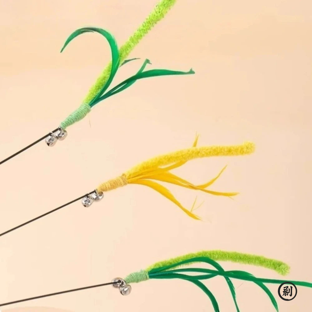 Interactive feather wand for cats by FanzyMarket, 19.7 inches, with sage tail grass, bite-resistant sound toy for kittens.