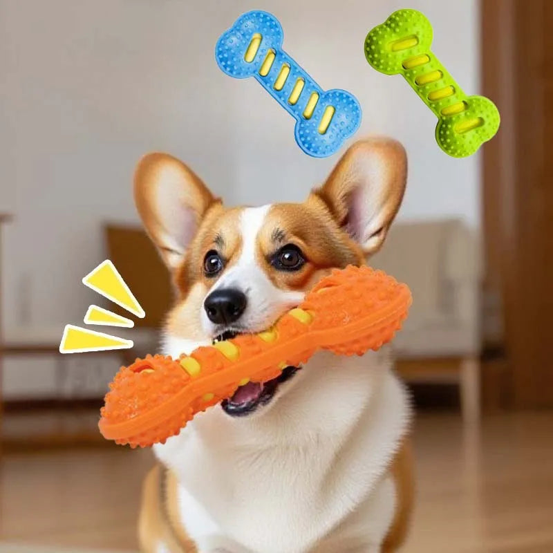 Yellow squeaky dog chew toy from FanzyMarket, bite-resistant for puppies, designed for teeth cleaning and massage, 7.5 x 3.5 inches.