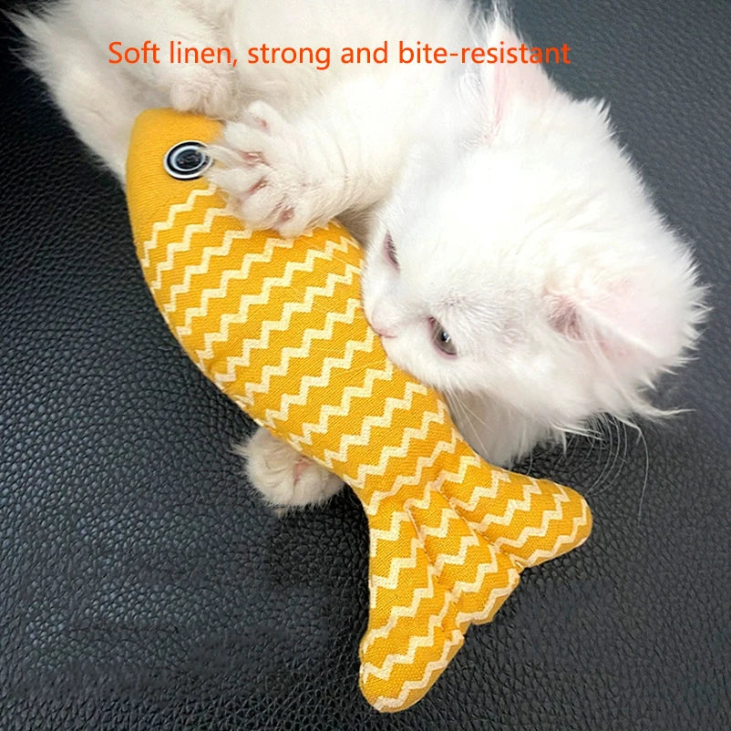 FanzyMarket burlap fish cat toy, interactive chew-resistant fish-shaped toy for cats, designed for teeth cleaning and play.