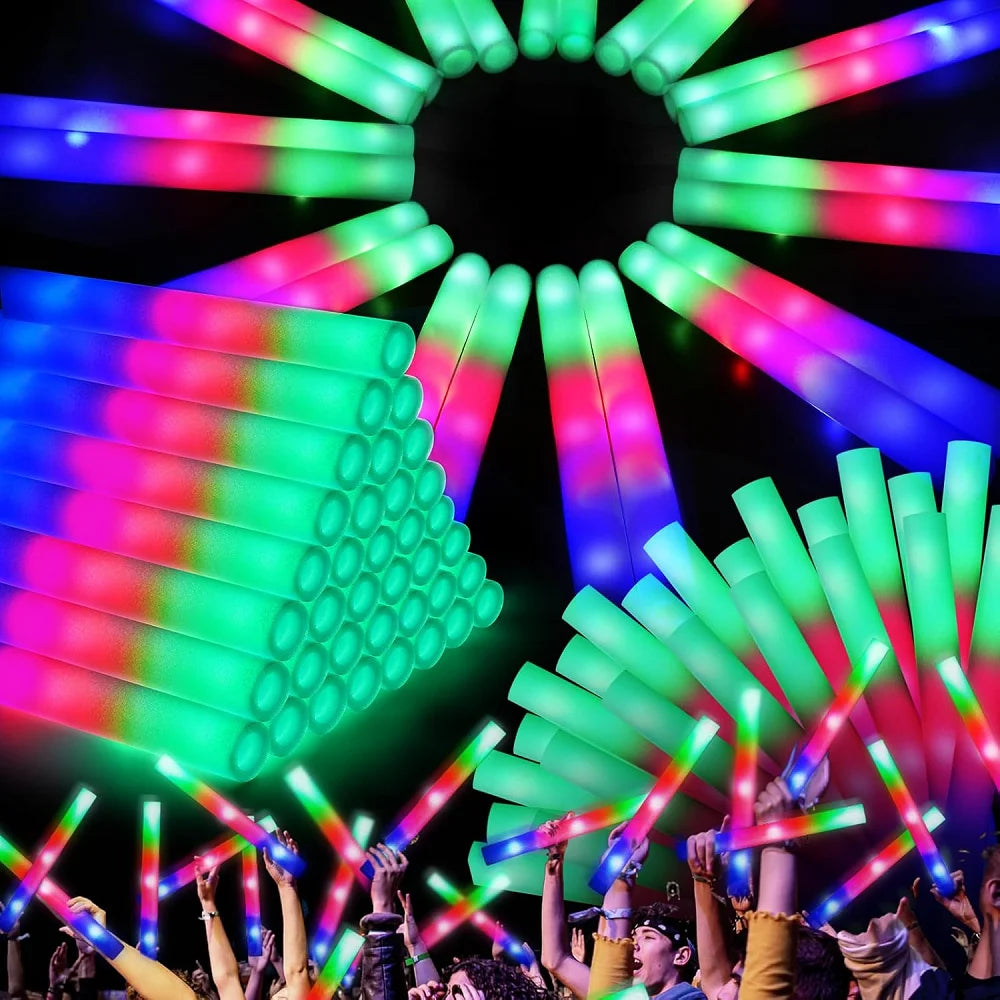 RGB LED glow foam sticks made of lightweight pearl cotton foam with a durable ABS core for concerts and parties.