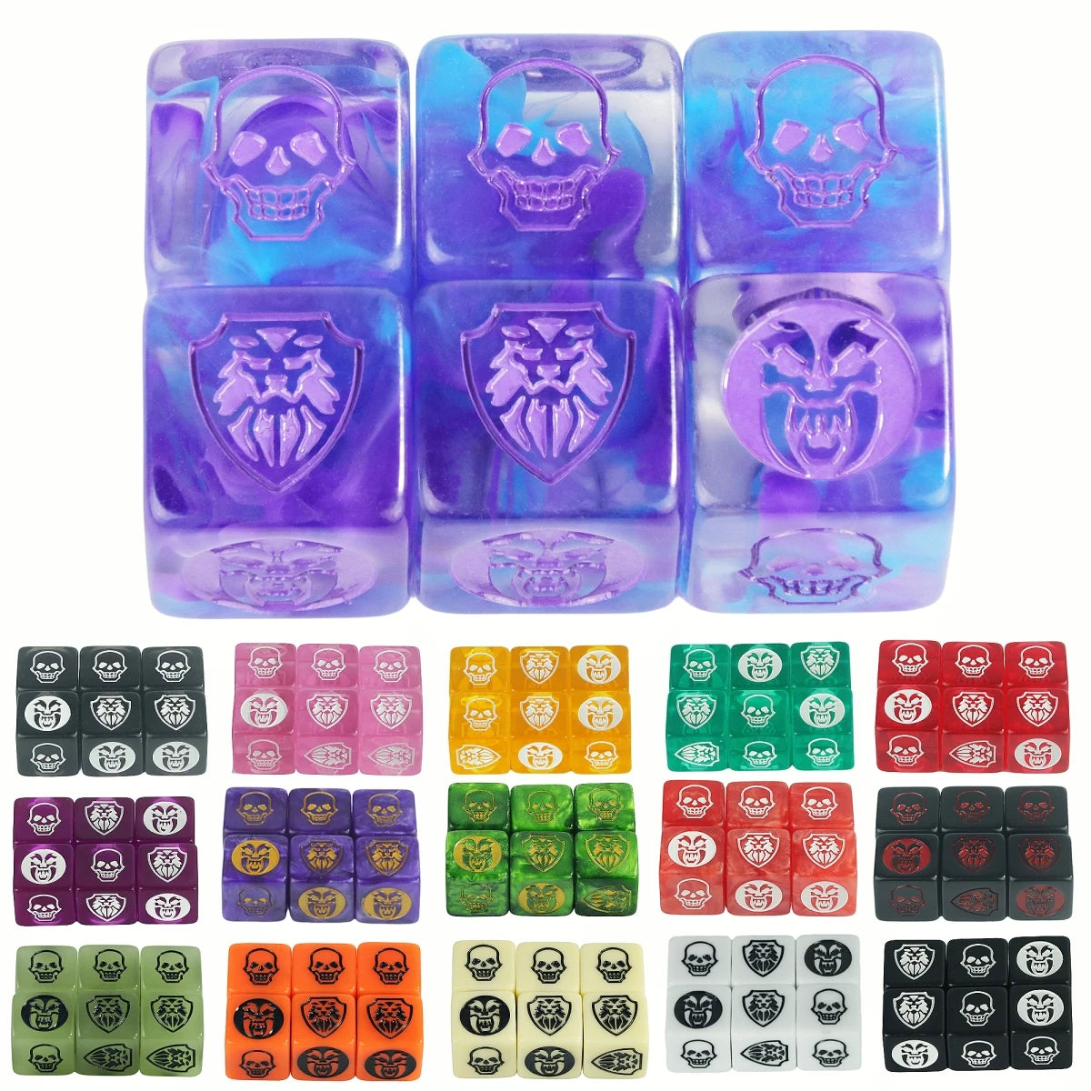Six-pack of 16mm FanzyMarket D6 game dice in transparent, opaque, and marble colors for board games and tabletop RPGs.