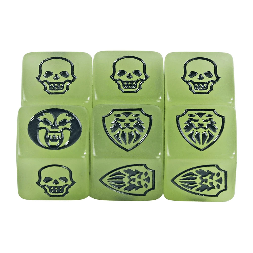Six-pack of 16mm FanzyMarket D6 game dice in transparent, opaque, and marble colors for board games and tabletop RPGs.